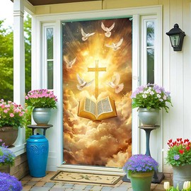 Lofaris Christian Door Cover – 72.8x35.4 Inch Cross with Bible and Dove Design – Religious Easter Decoration for Front Porch Home Entry or Church Celebrations