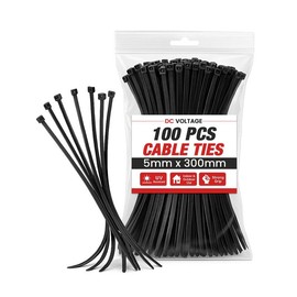DC VOLTAGE Black 300mm x 5mm Nylon Cable Ties Heavy Duty 100 PCS, 12" Ultra Strong 28kg / 62lbs Tensile Strength, UV Resistant Plastic Zip Ties Extra Long Tie Wraps for Outdoor Use