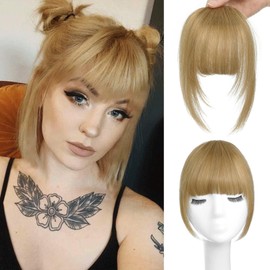 100% Human Hair Bangs Clip in Hair Extensions, Light Brown Clip on Bangs Wispy Bangs Fringe with Temples Hairpieces for Women Curved Bangs for Daily Wear (Ash Blonde, French Bangs)