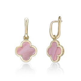 Lavari Jewelers Four Petal Flower Drop Earrings for Women - Pink Mother of Pearl in 925 Sterling Silver - Hypoallergenic Yellow Gold Plated - Clover Dangle Earrings - Hinge Post