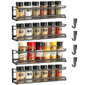 Spice Rack Wall No Drilling Made of Metal, 4 Pack Spice Organiser with Movable 4 Hooks, Spice Rack Hanging with Glue and Screws for Kitchen Wall & Cabinet Door