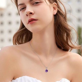 Nearawing February Birthstone Elegant Purple Amethyst Crystal Pendant Necklace 925 Sterling Silver Chain Necklace Adjustable Healing Crystal Necklace birthstone necklace for women girls(Amethyst)