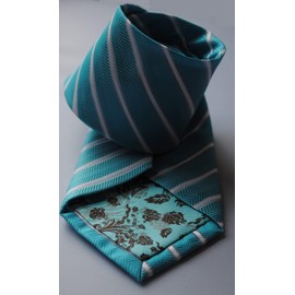 Frederick Thomas aqua turquoise and white stripe tie with signature floral design to rear