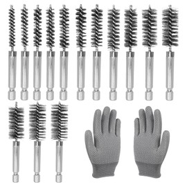ANBOO Pack of 14 Wire Brush Drill Stainless Steel with Non-Slip Gloves, 1/4 Inch Hex Shank Drill Hole Brush Tube Brush Boiler Brush for Polishing Grinding Hammer Drills 8-25 mm