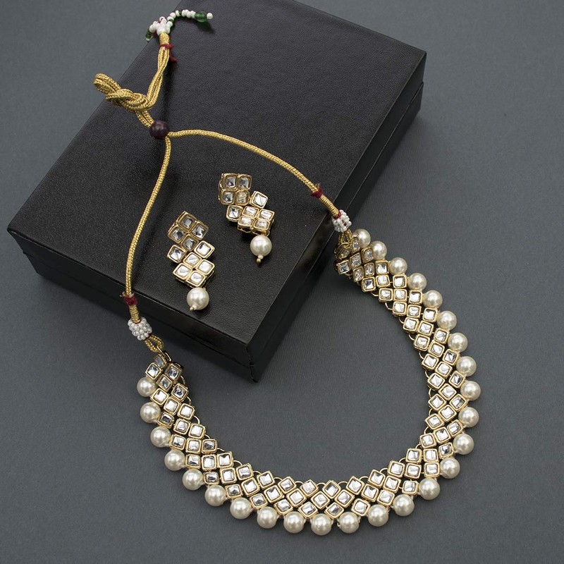 Aheli Kundan Collar de perlas Pendiente Set Étnico Indio Tradicional