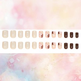 Flower Press on Nails Short Length Light Brown Square False Nails Full Cover Glossy Acrylic Nails Artificial Stick on Nails Solid Color Acrylic Nails Reusable Glue on Nails for Women Manicure kit