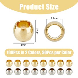 DICOSMETIC Pack of 100 2 Colours Round Spacer Beads 4 mm Large Hole Barrel Beads Golden Loose Beads European Beads Made of Stainless Steel for DIY Necklace Jewellery Making, Hole: 1.2 mm