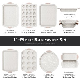 11-Piece Baking Pans Set Nonstick, Stackable Bakeware, Toxin-Free Baking Pans Set with Silicone Handles, Includes Cookie Sheets, Cake Pan, Loaf Pan, Pizza Pan, Muffin Pan, White&Khaki