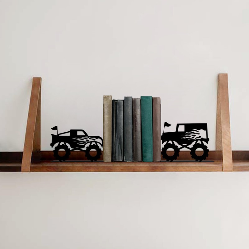 Kids Bookends for Books, Monster Truck Decor for Boys Room,