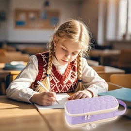 Bunnychic Pencil Case for Girls,Flower Quilted Large Capacity Pencil Pouch with 2 Compartment, Zipper Pencil Bag with Handle, Women Soft Pencil Box for Middle School Office College