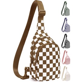 Checkered Sling Bag for Women, Small Checkered Crossbody Chest Bag with Shoulder Strap, Purse Travel Fitness(Mocha Brown)