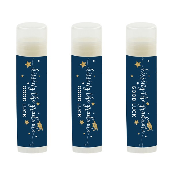 Andaz Press Navy Blue and Gold Glittering Graduation Party Collection, Lip Balm Favors Kissing the Graduate Good Luck!, 12-Pack