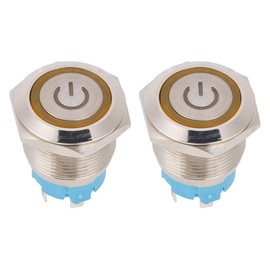 2PCS 12-24VDC Interruptor de Botón Pulsador Tapa Redonda Cabeza Plana Interruptor de Metal Autoblocante 4 Pines 19mm IP65 Impermeable con Indicación de Luz (Amarillo)