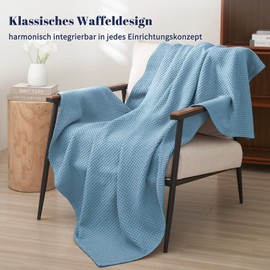 PHF Blanket 100% Cotton 130 x 150 cm, Soft Waffle Pique Bedspread, Lightweight Cuddly Blanket, Throw for Sofa Soul Bed, 130 x 150 cm, Dusty Blue