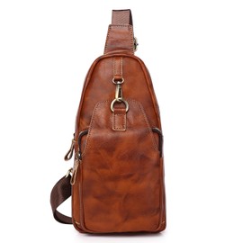Myunxui Vintage Genuine Leather Sling Bag Backpack for Men Women Chest Pack Shoulder Satchel Crossbody Casual Outdoor Daypack Bags Brown