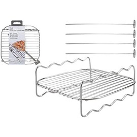 Square Air Fryer Skewer Grill Rack with 4 Metal Kebab Vegetable Skewers 17cm x 17cm x 7cm