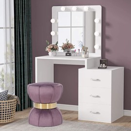 Joveco Round Velvet Ottoman, Upholstered Vanity Stool Footrest Footstool Side Table Seat with Metal Band for Makeup Room Living Room Bedroom (Purple)