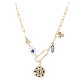 Gold Evil Eye Charm Y Necklace for Women – Paperclip Chain With Ojo Turco,Third Eye,Gold Carabiner,Crystal Clover ,Lemon Diamond Charms Safety Pin Necklace| protection necklace Jewelry Gift for Her