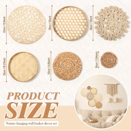 Hushee 7 Pcs Wall Basket Decor Boho Handmade Hanging Wall Baskets Natural Woven Seagrass Rattan Wall Decor Flat Round Handcrafted Wicker Wall Decor for Coastal Art Bedroom Living Room Farmhouse home