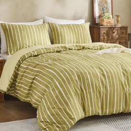 Simple&Opulence Double Duvet Cover Set, Ultra Soft and Stylish Microfiber Bedding Set, Striped Green Pattern Summer Bed Quilt Cover with Pillowcases, 200 x 200 cm