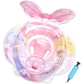 VBACALA Float, Foot Type, Cute Mermaid Design, Pink x Gold, Glitter Pattern, Butterfly Pattern, Handle, High Buoyancy, Lightweight, Fits Up To 88.2 lbs (40 kg), Pool, Beach, Summer, Outdoors, Manual