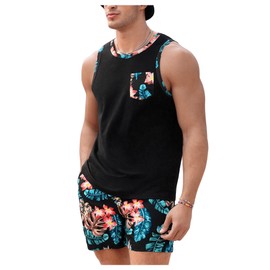 GORGLITTER Men's 2 Pieces Set Floral Print Elastic Waist Shorts Sleeveless Tank Top Outfit Tracksuit Black Floral & Leaf X-Large