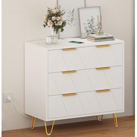 TVU 3 Drawer Wide Nightstand with Charging Station, 27.6 Inch Wood Nightstand for Bedroom, Living Room, White Dresser with Storage Drawers, Bedside Table with Metal Handle & Leg