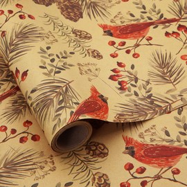 Winter Forest Cardinal Birds Woodland Berries Pine Cone Kraft Brown Christmas Wrapping Paper-1 Mini Roll 17 X 10 ft Per roll 14.1 sq.ft.ttl- Gift Wrap for Winter Solstice, Congrats, Holidays,