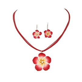 Hawaiian Plumeria Rubra Earrings Necklace Set Bohemia Tropical Flower Dangle Earrings Luau Beach Party Accessories for Women Jewelry-Red
