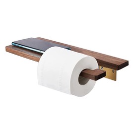 SARIHOSY Toilet Paper Holder with Solid Wood Shelf, Brushed Brass Wall Mount Double Roll Gold Holders Toilet Paper Storage for Bathroom and Washroom