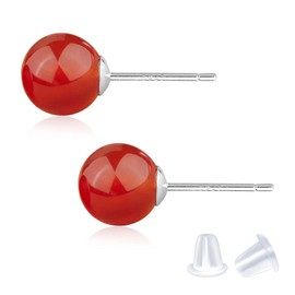 Red Agate Earrings for Women- Natural Gemstone Sterling Silver Stud Earrings, 8mm Natural Stone Earring, Black Agate/Red Agate/Opal Ball Earrings, Gemstone Jewelry Gifts for Women Girls (Red Agate)