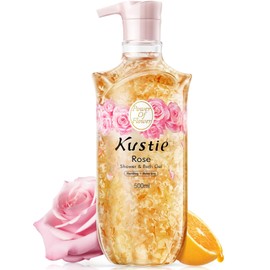 Kustie Rose Anti-Aging Body Wash, Real Petals & Rose Oil, 24H Fragrance & Deep Moisturizing, Clear Free Radicals Cleanse Perfume Shower Gel for Sensitive & Dry Skin with Pump Bottle, 16.9 Fl Oz