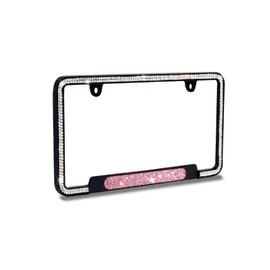 JR2 Premium Shinning Glass Crystals Black Metal License Plate Frame(Oval Shiny Crystal Design)+Free Caps (Pink)