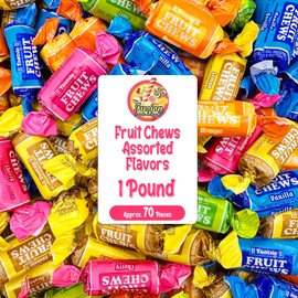 Fruit Chews Candy - 1 Pound Bulk Bag, Fruit Chews Rolls, 5 Assorted Flavors, Soft & Fruity Taffy Candy, Individually Wrapped Gluten Free Treats