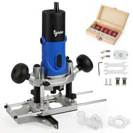 igooo 1.25HP AC Electric Plunge Woodworking Router Kit, 6 Variable Speed, Soft Start Motor, with Edge Guide, 1/4”, 6mm and 8mm Collets, 6 bits, Vacuum Adaptor, 120V 60Hz 850W Model ER850