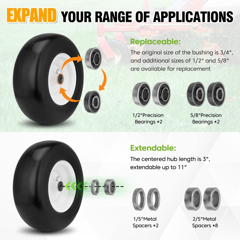 2PCS 13x5.00-6 Flat Free Tire and Wheel with 1/2" &