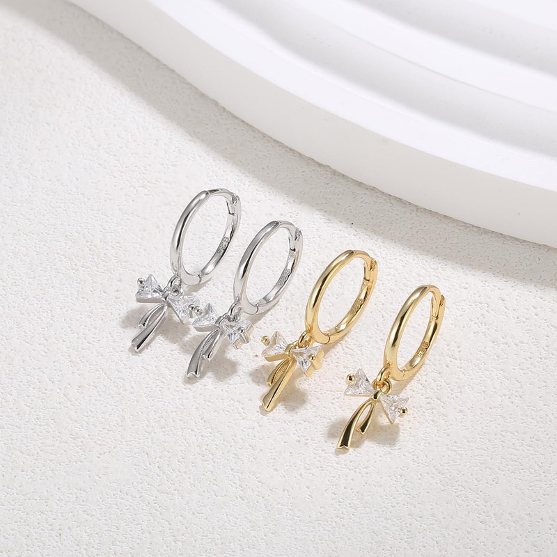 Solid 925 Sterling Silver Bow Hoop Earrings for Women, Trendy