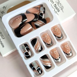 Black French Tip Press on Nails Medium Square Fake Nails with Heart Graffiti Line Designs Acrylic Nails False Nails Artificial Nails Silver Glitter Full Cover Glue on Nails for Women Girls 24Pcs
