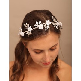 Teyglen Bridal Flower Headband Hair Vine With Crystal Pearls Floral Gold Leaf Headband Handmade Flower Hair Pieces Wedding Hair Accessories for Brides Headpieces for Women (Gold)