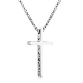 Pivza Cross Necklace for Men Women, Silver Cross with Engraved Bible Verse Joshua 1:9, 22 Inch Box Chain in Durable 316 Stainless Steel Cross Necklace