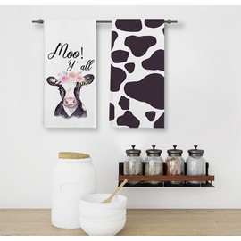Moo Y'all Watercolor Floral Heifer Cow Print Kitchen Towels Set of 2,Cotton Modern 24 X 16 Inches Dish Towels Dishcloths,Dish Cloth Flour Sack Hand Towel for Farmhouse Kitchen Decor,Cow Lovers Gifts