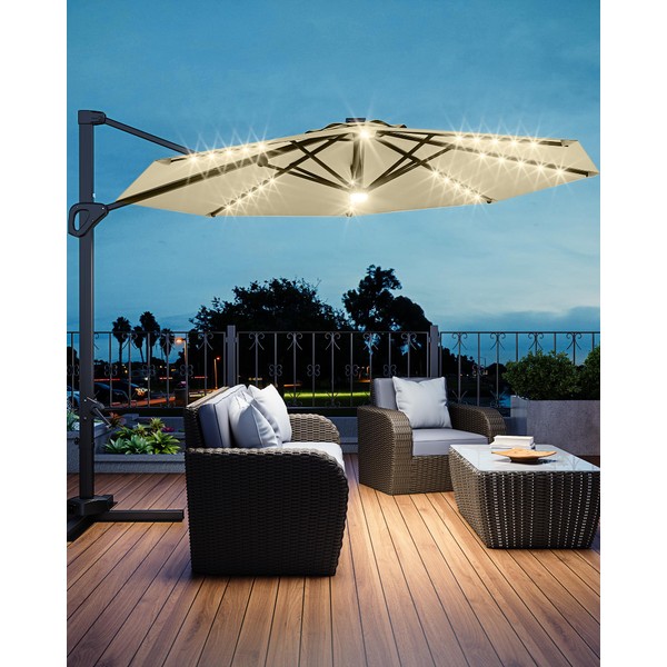 GarveeLife 10FT Cantilever Umbrella Outdoor Patio Umbrella Solar LED w/Base