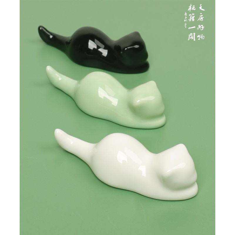 Isshinsai Brush Holder Cat Paperweight Celadon Pottery - Gift for