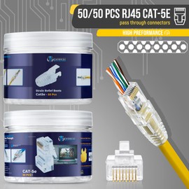 Everest Media Solutions Conectores Pass Through RJ45 Cat5e con Botas de Alivio de Tensión - Paquete de 50/50 | Modular Plug para Cable de Ethernet UTP Sólidos o Trenzados
