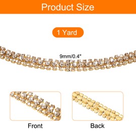 sourcing map 1 Yard 3 Rows Crystal Rhinestone Close Chain Trim, Crystal Rhinestone Diamond Strips Rhinestone Bling Sewing Embellishments (9mm, White Rhinestone with Gold Base)