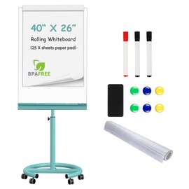 TSJ OFFICE Mobile Whiteboard Magnetic - 40 x 26 Inches Dry Erase Board on Wheel with Stand Flipchart Easel Height Adjustable,Light Blue