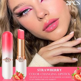 BINGBRUSH- 2 piezas de lápiz labial que cambia de color con fresa Queen, brillo labial de larga duración PH Mood, bálsamo labial con tinte