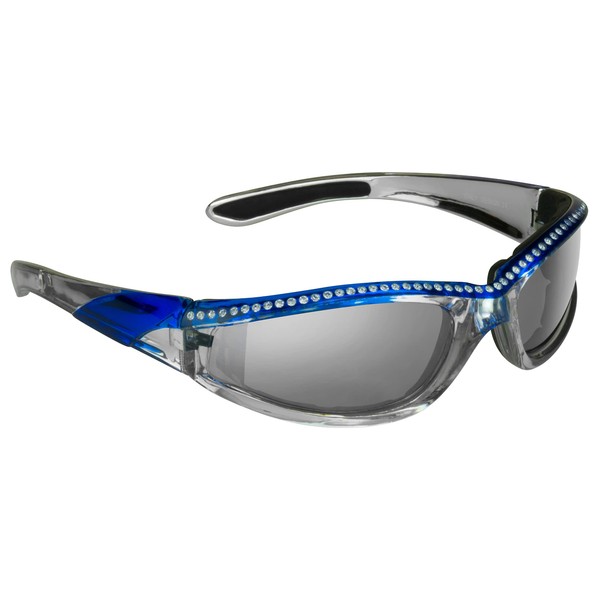 Bikershades Chrome and Blue Frame Anti Glare Mirrored Motorcycle Sunglasses with Rhinestones Foam Padded for Women