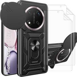PENGPAI Mica Funda para Honor Magic 7 Lite 5G Case Uso Rudo + 2 Piezas Protector de Pantalla Screen Hydrogel Acrílico Carcasa Cover(Negro + 2 Mica)