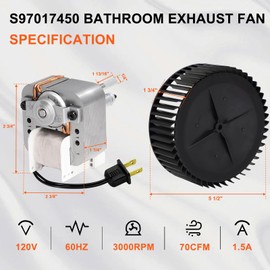 Hiorucet S97017450 Bathroom Vent Fan Motor for Broan Nutone 771, 771-A, Exhaust Fan Motor 120V, 70CFM, 1.5A, 3000 RPM with Two Prong Plug, Replacement Part for S97017450, Include Motor, Blower Wheel